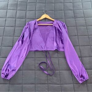 LYANER Women's Satin Wrap V Neck Criss Cross Tie Purple Crop Top XL